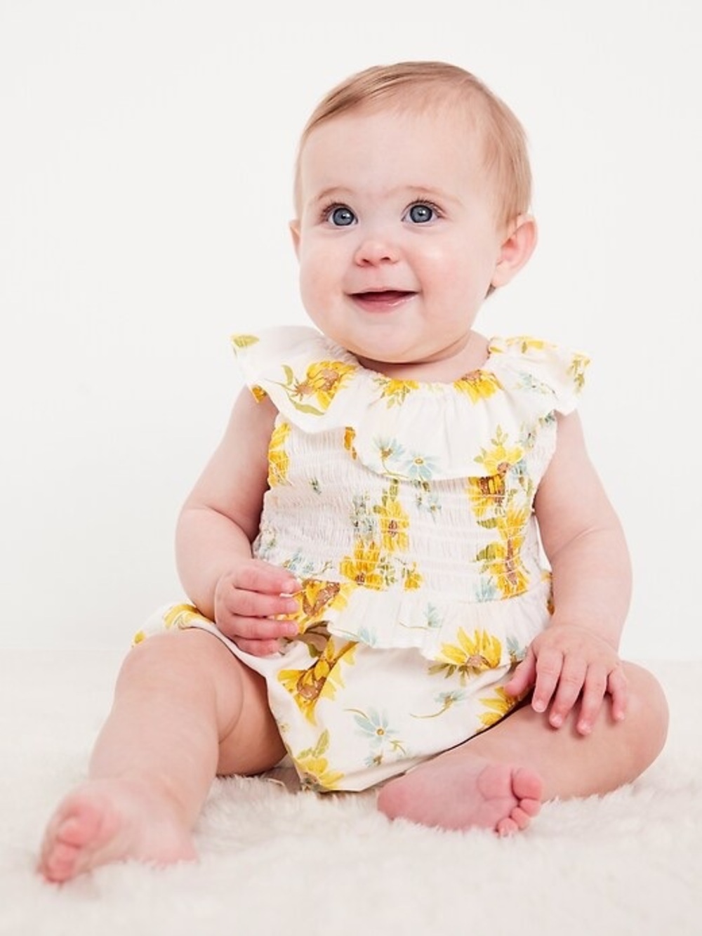 NWT Old Navy Sleeveless Ruffle-Trim Smocked One-Piece Romper for Baby Sunflower